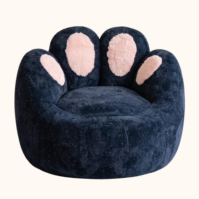 Plush kids bean bag chair in navy blue with pink paw print details, featuring a cozy rounded seat and soft furry upholstery.