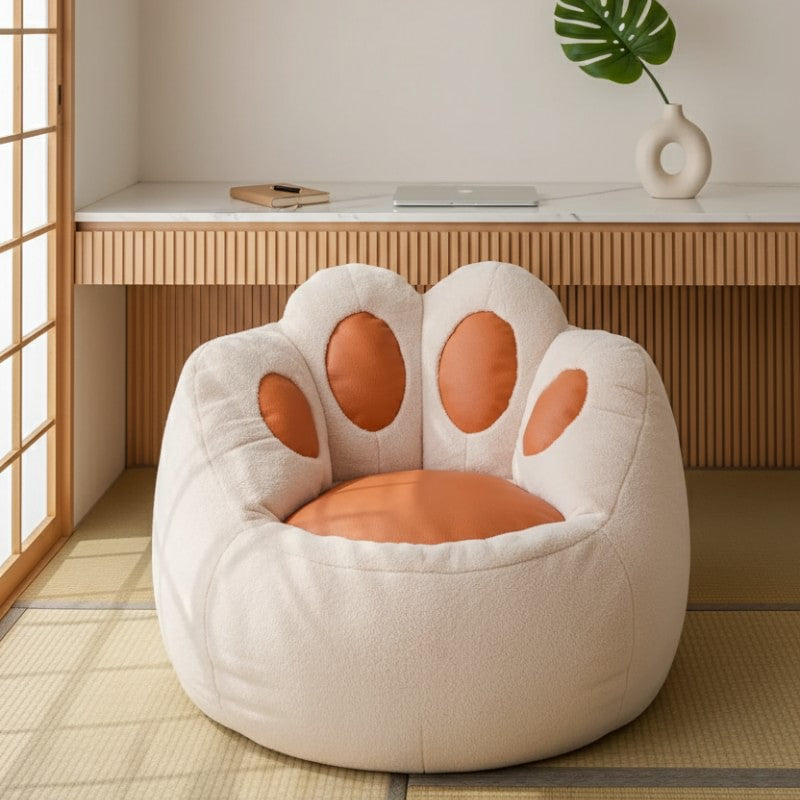 Bean cute bag designed as cat paw with plush beige fabric and caramel pads in minimalist japanese interior with shoji screen