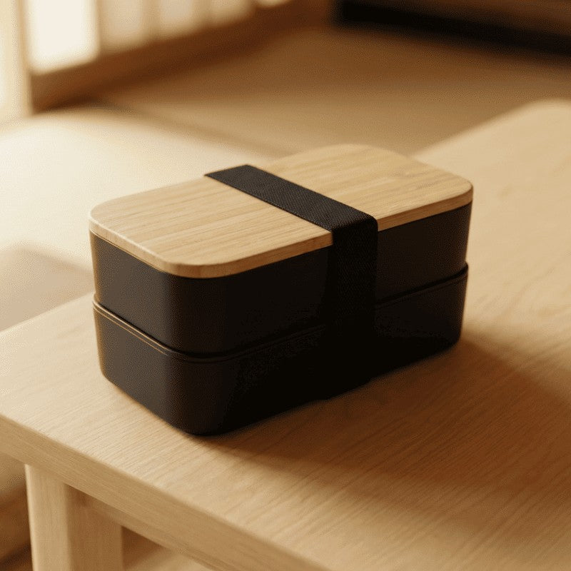 Elegant black bento box containers with natural bamboo wood lid resting on minimalist wooden table in warm ambient lighting