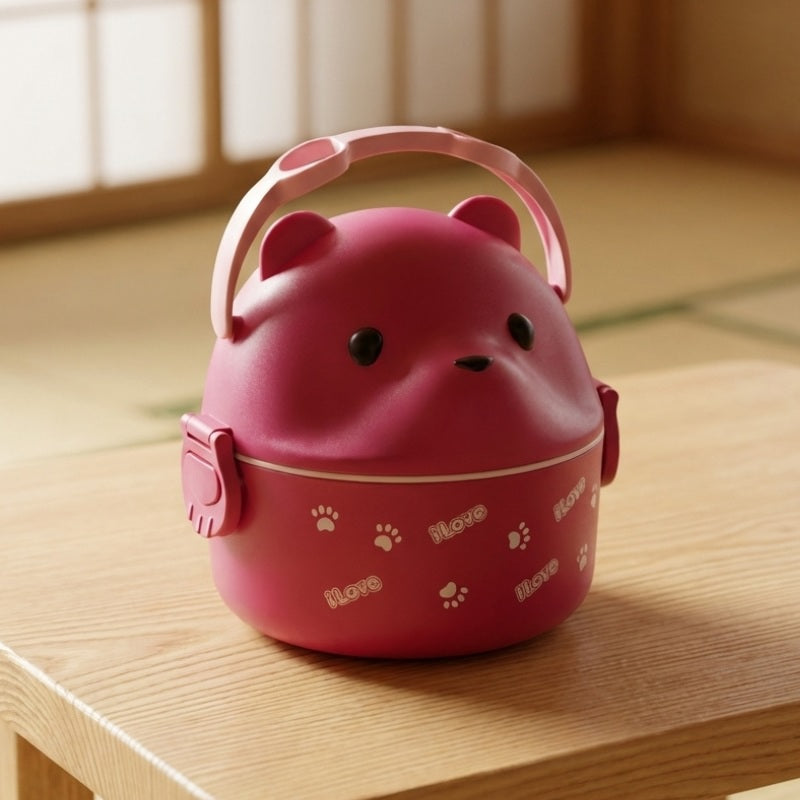 Adorable bento box cute in rosy color with carry handle on wooden table in traditional Japanese room