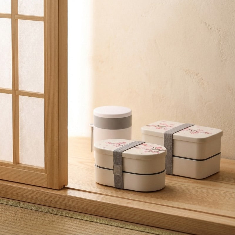 Two bento box hot containers with cherry blossom design and soup cup displayed on wooden surface near bright shoji window
