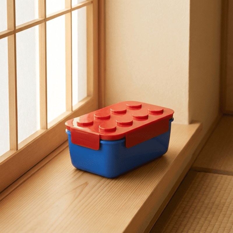 Reversible color bento box japanese big with coral red Lego lid on wooden windowsill beside shoji screen in warm afternoon sunlight