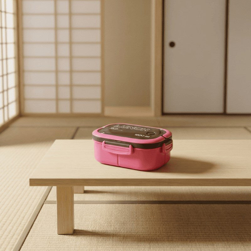 Modern pink bento box lunch box Japanese style with clear lid displayed on low wooden table in traditional tatami room with shoji screen background