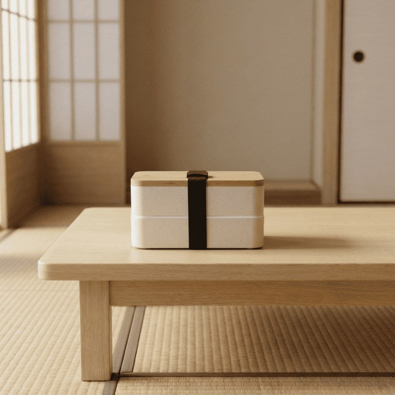 Cream white bento box lunches japanese design with bamboo lid displayed on low wooden table with tatami mat and shoji backdrop