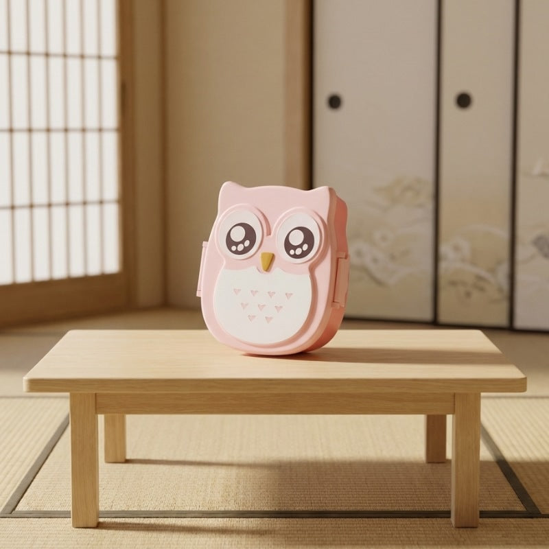 Cute bento box meal prep japanese in owl design displayed on wooden table in traditional tatami room