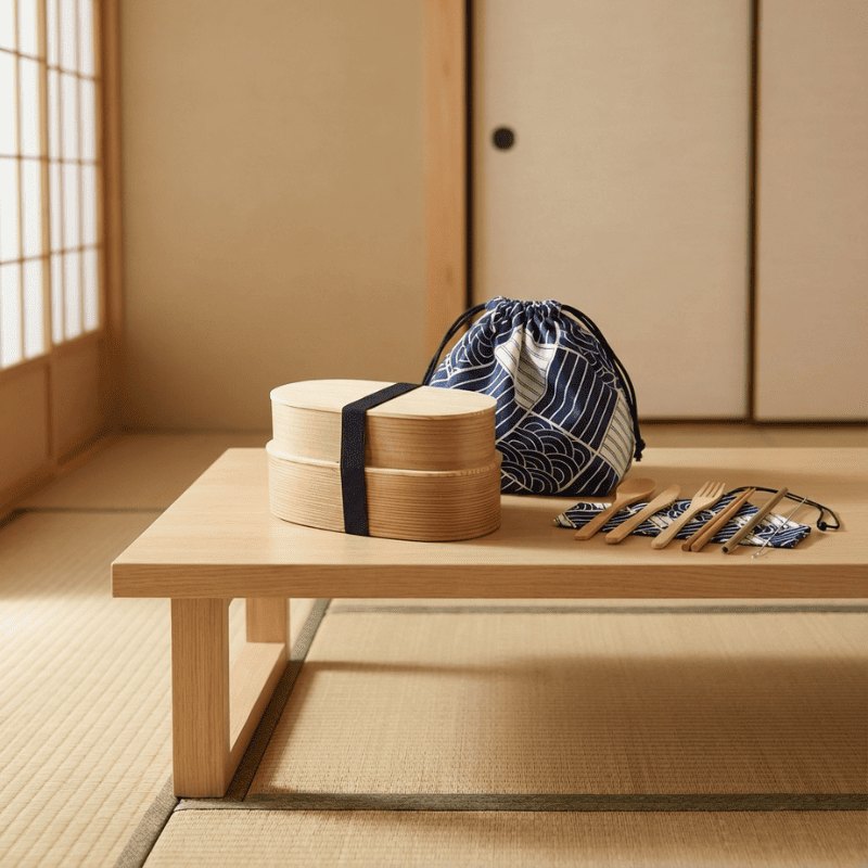 Stackable light wood bento food box japanese style with drawstring bag and utensils resting on low table beside shoji screen in traditional interior