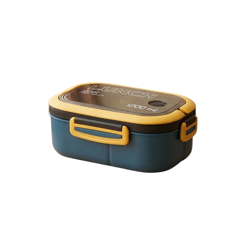 Modern blue and yellow bento japanese lunch box with hermetic seal and 1200ml capacity on clean neutral background