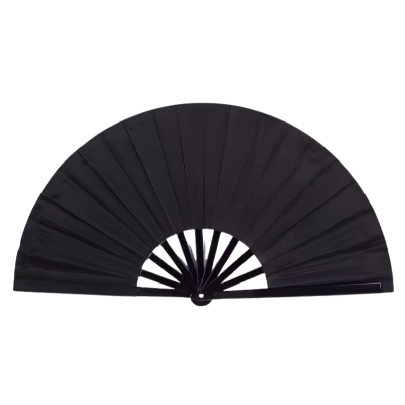 Sophisticated big black japanese fan with sleek bamboo frame displayed on clean white background showing refined minimalist design