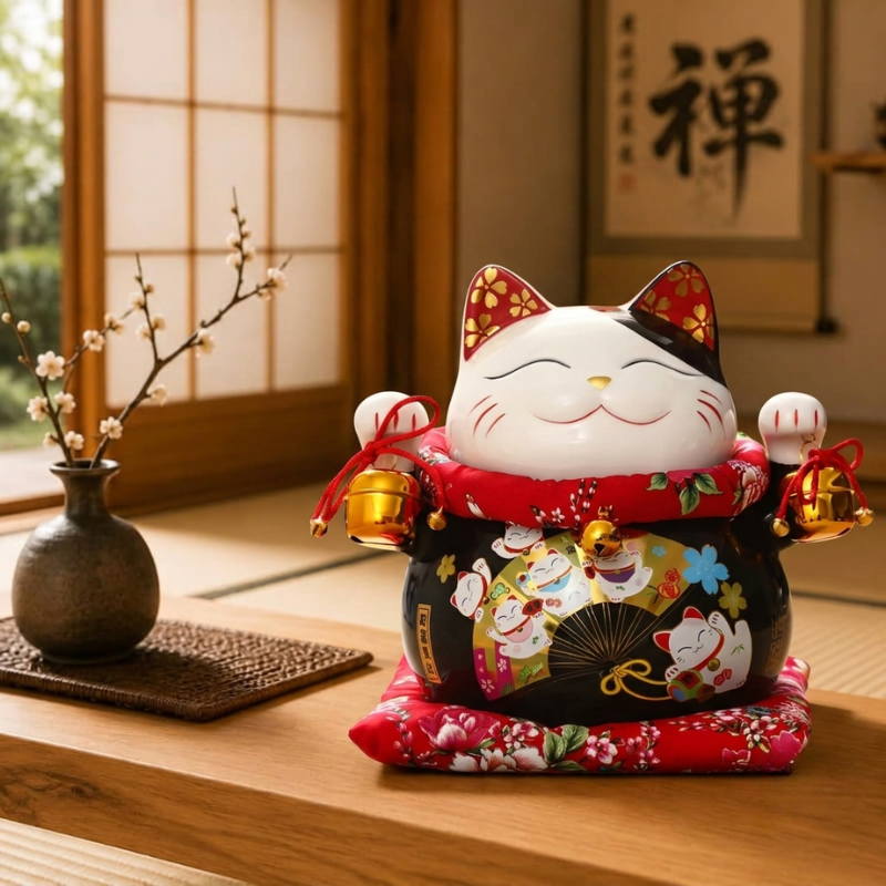 Black and white ceramic big maneki neko figurine with painted fan design and gold bells, displayed beside a bronze vase with plum blossom branches on a woven tatami mat