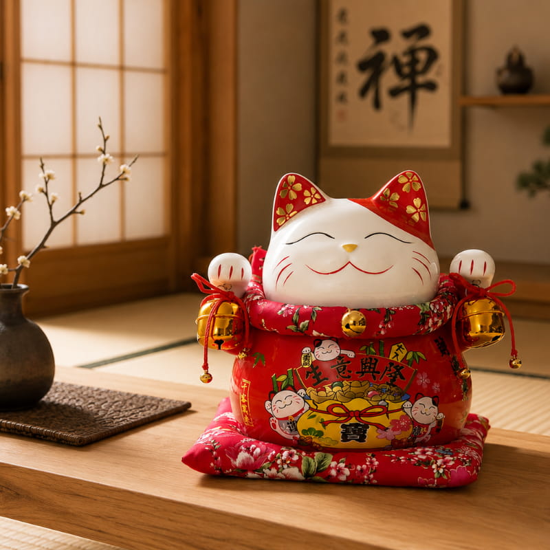 Close-up of a big maneki neko red ceramic figurine with raised paws and gold bells, resting on a floral cushion beside a plum blossom branch and hanging zen calligraphy scroll