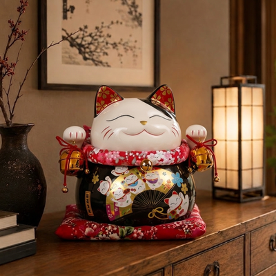 Black big maneki neko lucky cat figurine on a dark wood cabinet beside a glowing paper lantern lamp and framed plum blossom ink artwork in a warm evening interior