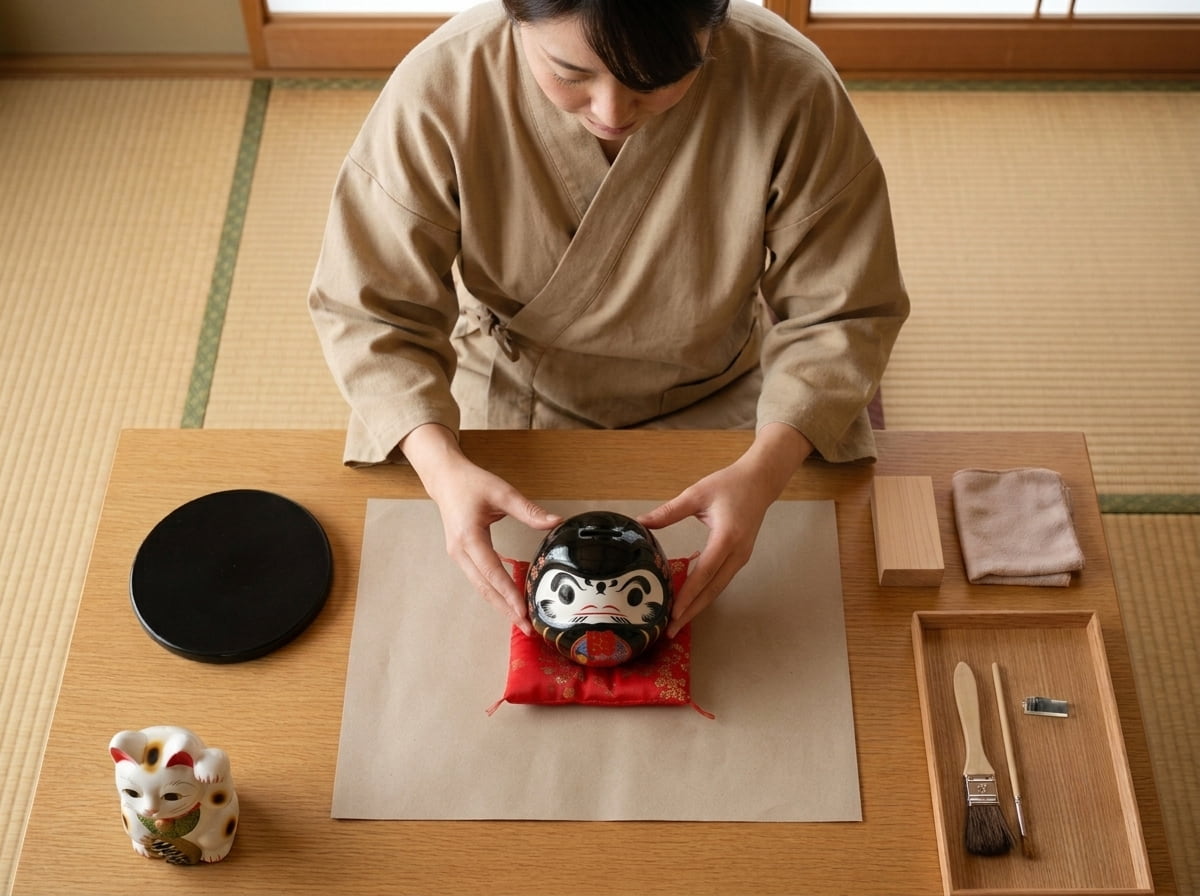 Woman positioning a black daruma doll traditional to Japan on its embroidered red cushion, maneki neko figurine and wooden brush tray arranged nearby on a tatami table