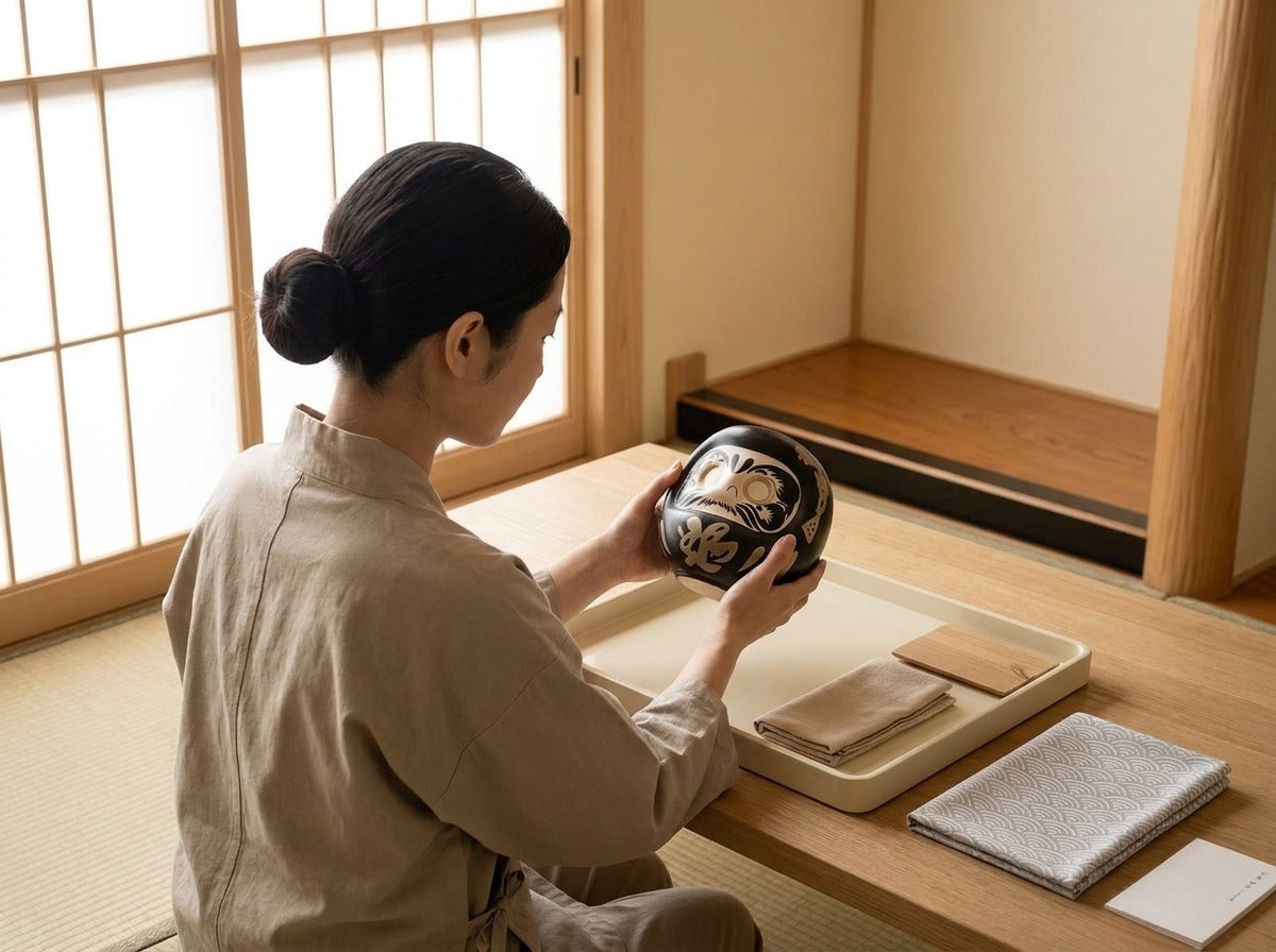 Woman in linen apron holding a traditional black daruma doll with gold painted engravings in a bright Japanese tatami room near shoji screen window