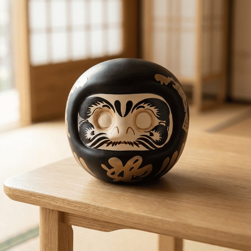 A black Daruma doll with golden details on natural wood table in Japanese interior