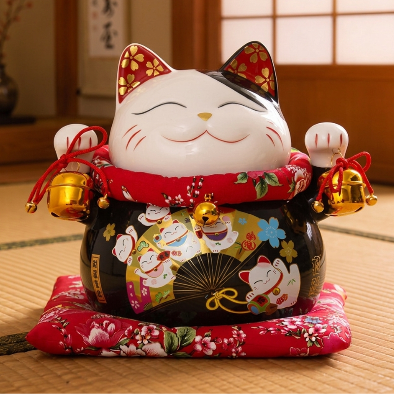 Glossy black maneki neko cat with red floral collar and gold fan illustration, raised paws and jingling bells, resting on tatami flooring with a shoji screen in the background