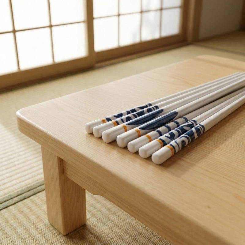 Five pairs of blue chopsticks ceramic with indigo geometric patterns and gold bands fanned out on a low wooden table in a traditional Japanese room with tatami and shoji screens