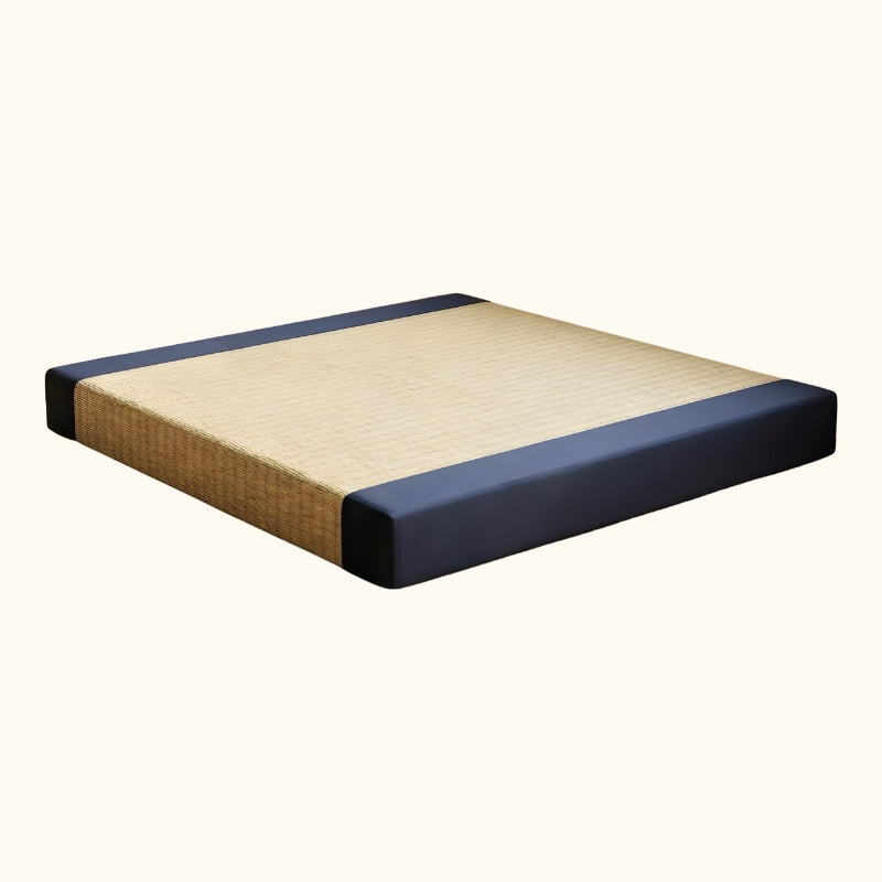 Blue cushion japanese with beige tatami surface and navy blue fabric borders on white background