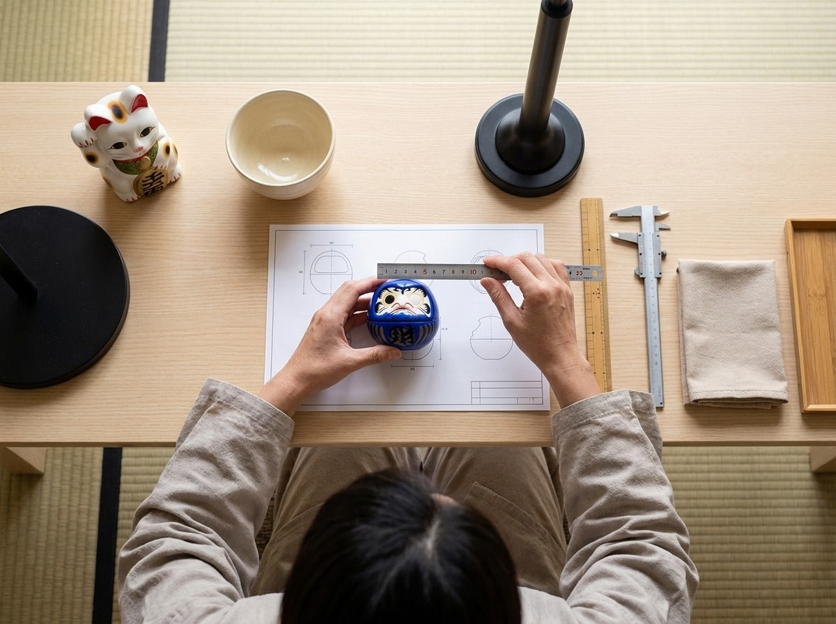 Overhead view of a woman measuring a small blue daruma doll with gold painted details against technical blueprints on a tatami worktable with maneki-neko figurine and precision tools