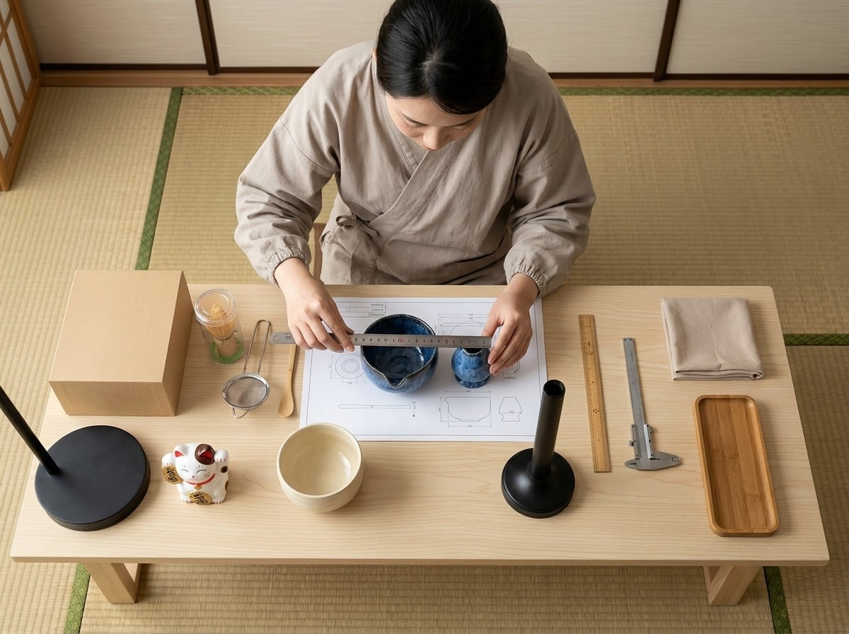 Overhead craftsmanship shot measuring a blue speckled matcha bowl and whisk holder from a matching set, sifter and wooden spoon on a scale blueprint, calipers and maneki neko figurine on the table