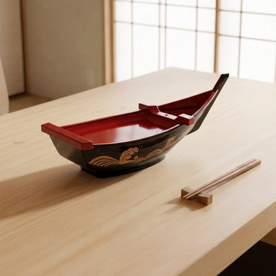 Boat sushi floating curved serving vessel in glossy black with burgundy interior and traditional wave motif