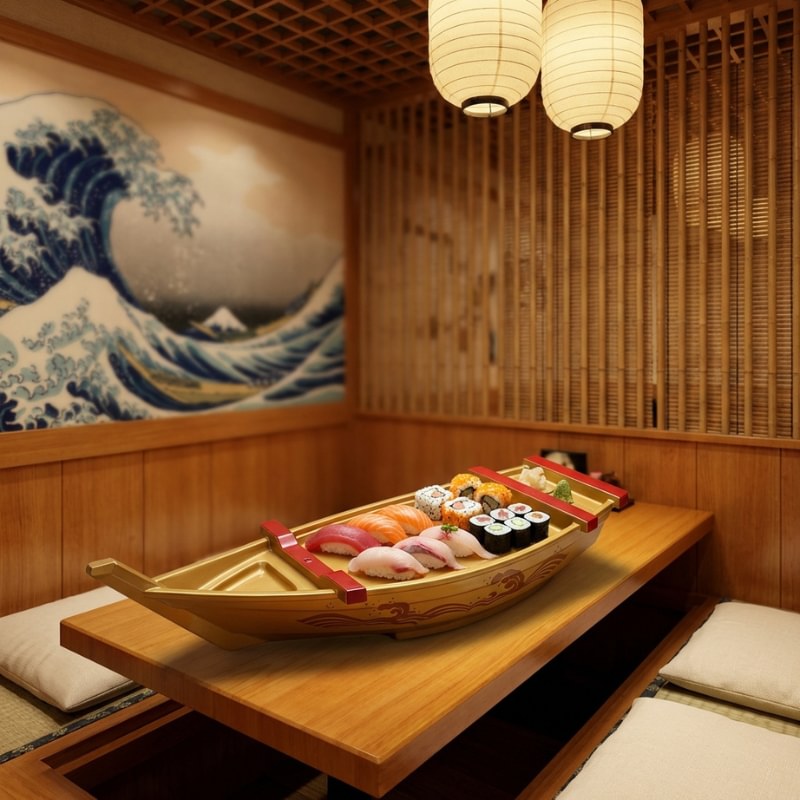 Boat sushi gold lacquered vessel displaying nigiri salmon tuna and maki rolls in authentic restaurant with paper lanterns
