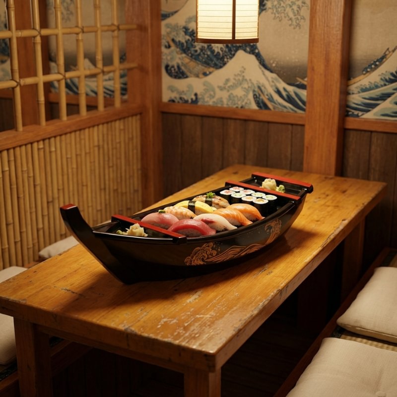 Boat sushi sushi presentation in glossy black lacquer with gold decoration serving mixed nigiri in zen restaurant