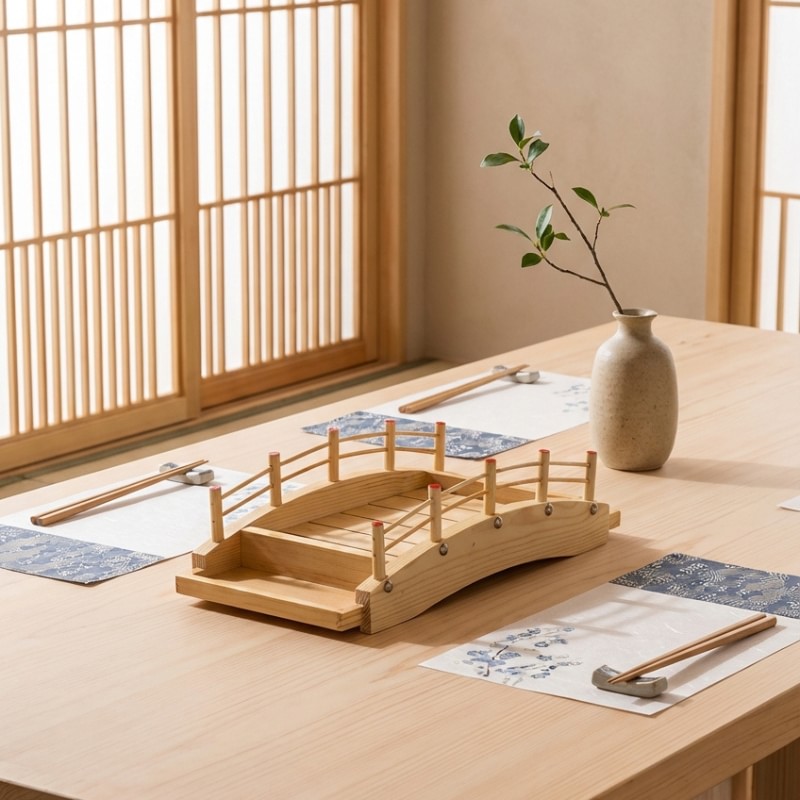 Boat wooden sushi bridge serving platform with curved rails on dining table surrounded by patterned placemats and vase