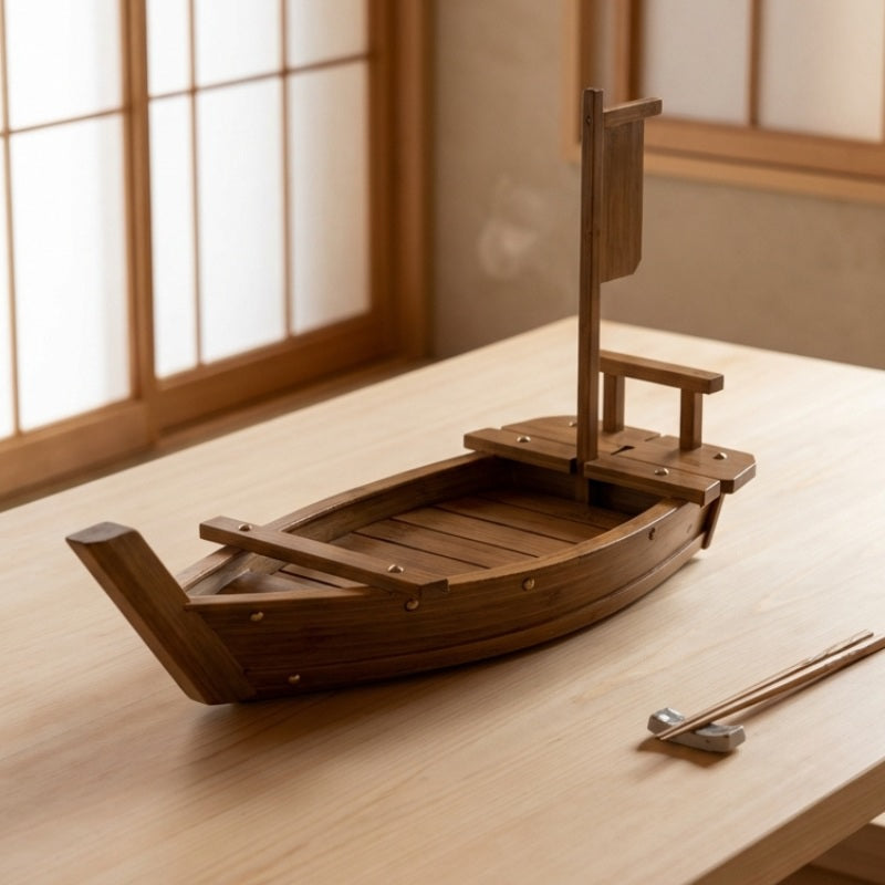 Boats sushi wood serving platter with tall mast and curved hull in natural finish near shoji screen and chopsticks