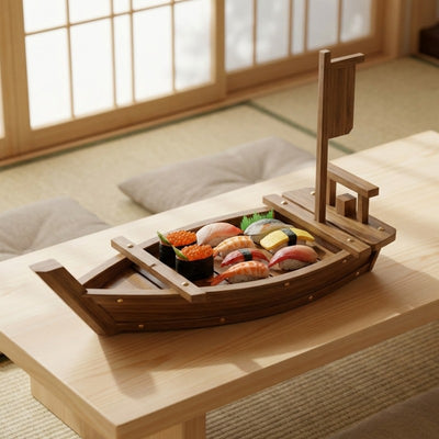 Boats sushi wooden presentation serving nigiri salmon tuna and roe with decorative mast on blonde wood table