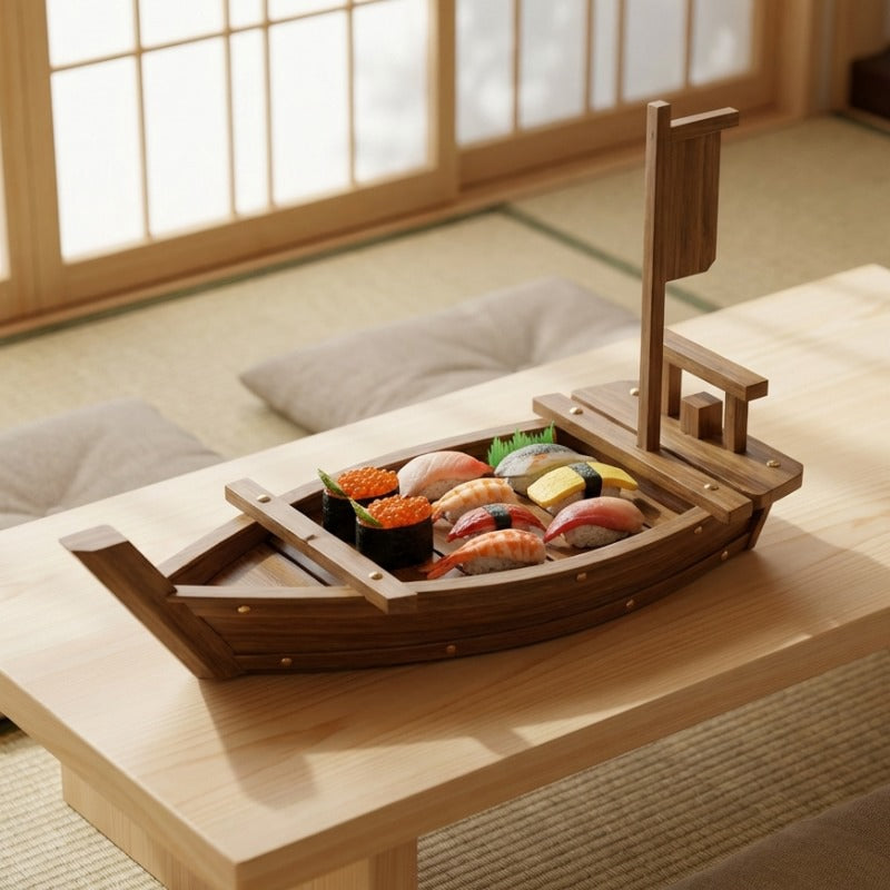 Boats sushi wooden presentation serving nigiri salmon tuna and roe with decorative mast on blonde wood table