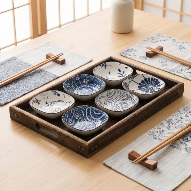 Bowl kobachi set of six ceramic dishes with blue patterns in wooden tray on dining table with chopsticks and fabric placemats