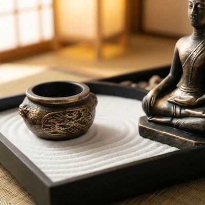 Close view of the carved relief pattern on the bronze-gold pot and the weathered, matte bronze texture with sculpted robe folds on the seated Buddha figure.
