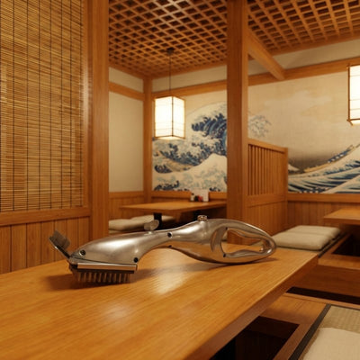 Sculptural brush bbq grill with cast aluminum body and dual bristle head displayed in traditional Japanese izakaya with Hokusai Great Wave wall mural