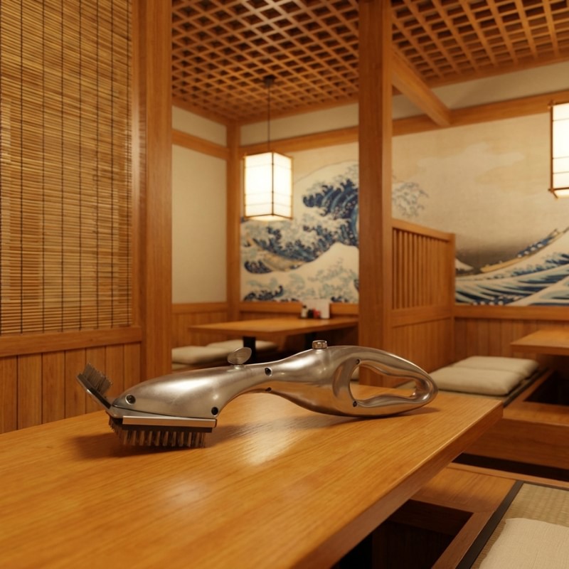 Sculptural brush bbq grill with cast aluminum body and dual bristle head displayed in traditional Japanese izakaya with Hokusai Great Wave wall mural