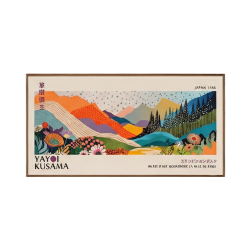 Vibrant canva japanese art print with colorful mountain landscape and botanical patterns in Kusama style on white background