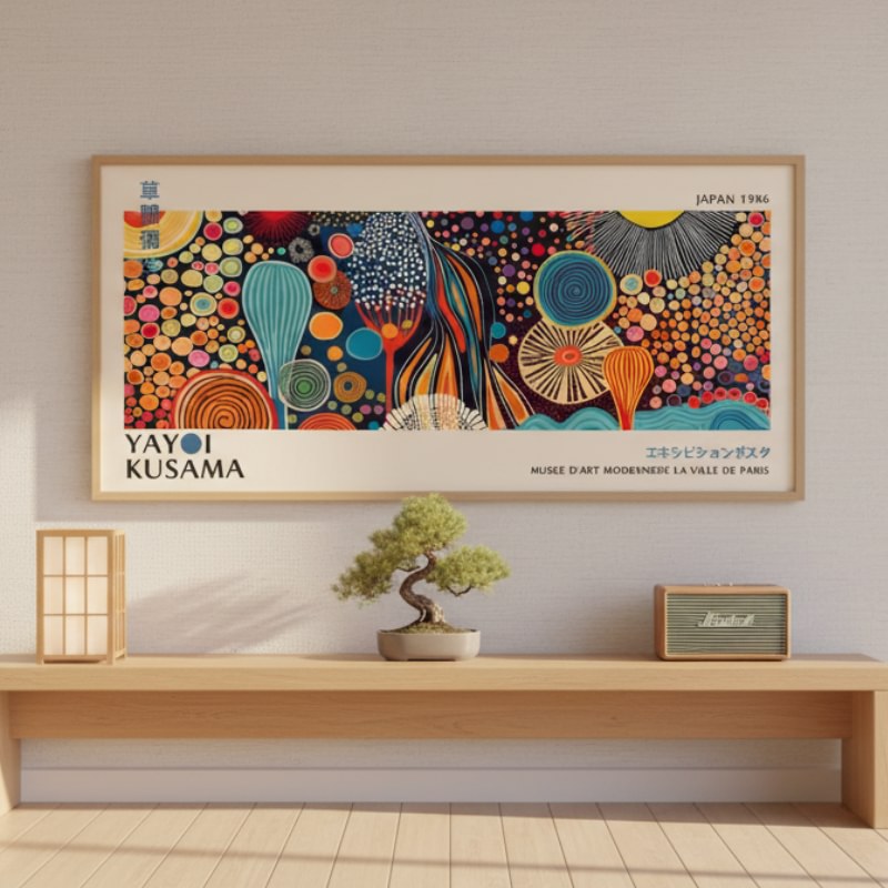 Large horizontal canvas prints japanese featuring vibrant Kusama dots and shapes mounted above wooden console with bonsai tree and vintage radio