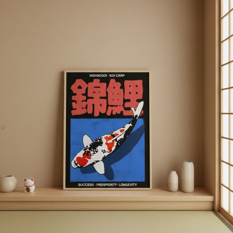 Carp koi print Nishikigoi framed poster with red kanji and blue background on wooden shelf in Japanese tatami room