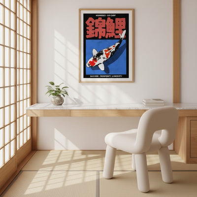 Carp print koi Nishikigoi framed poster hanging above wooden desk with white chair in bright Japanese room with shoji screens