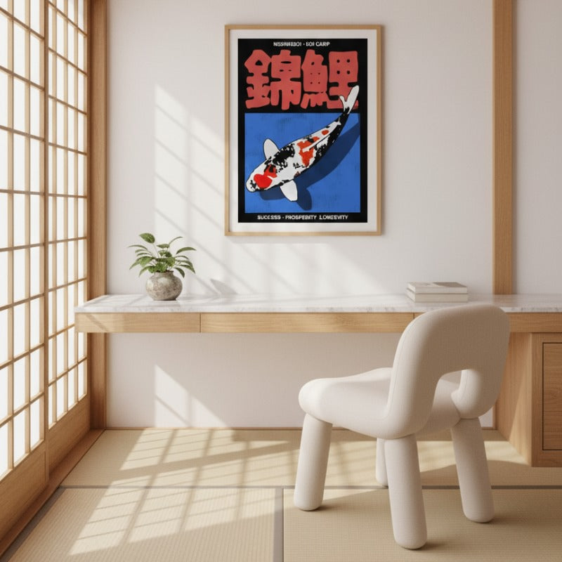 Carp print koi Nishikigoi framed poster hanging above wooden desk with white chair in bright Japanese room with shoji screens