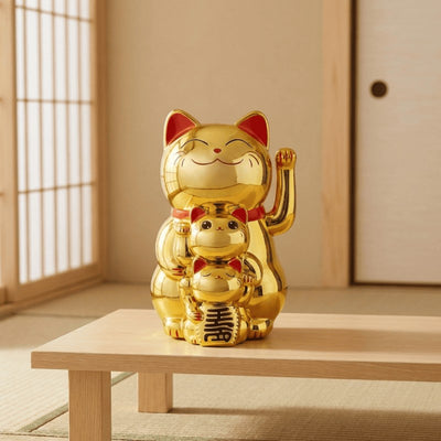 Golden cat gold maneki neko family of three stacked together on wooden table in traditional Japanese interior with shoji window and warm sunlight