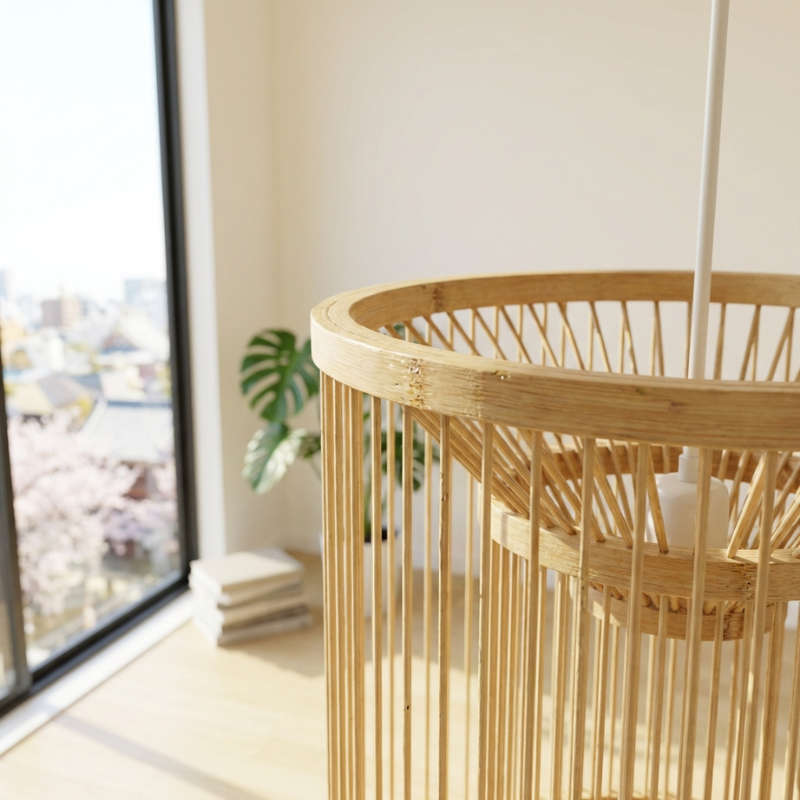 Ceiling japanese light natural bamboo cage pendant close up detail near window overlooking city with cherry blossom and monstera plant