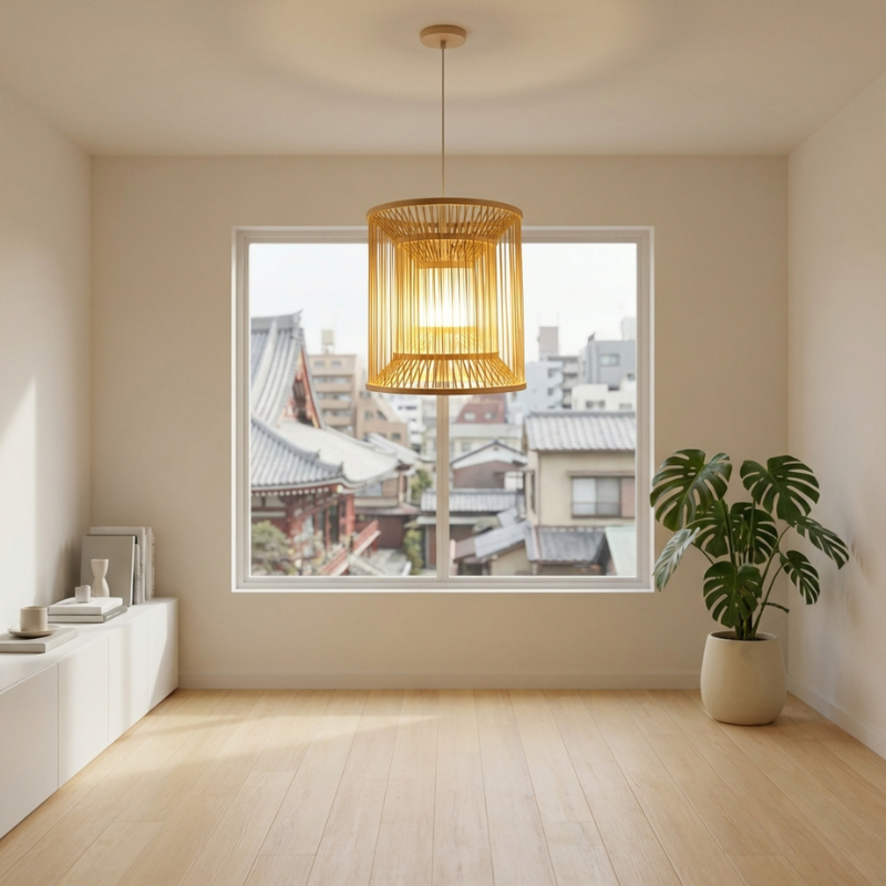 Ceiling light japanese natural bamboo cage pendant glowing in minimalist room with large window overlooking traditional Japanese rooftops