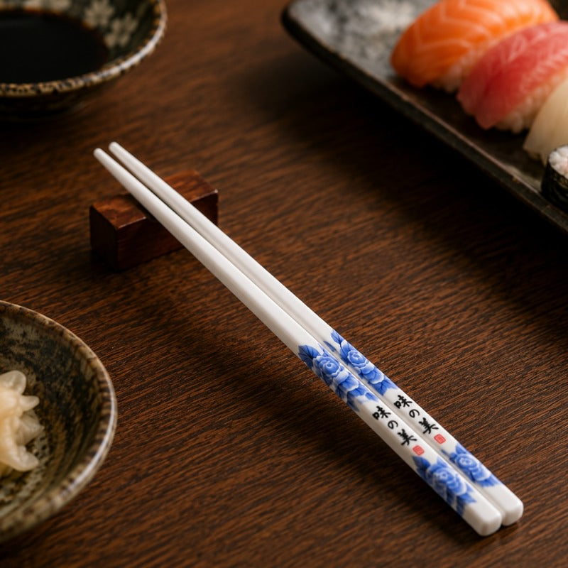 White ceramic chopstick with blue floral and calligraphy motif resting on a wooden holder, surrounded by sushi and Japanese condiment bowls on a dark wood table