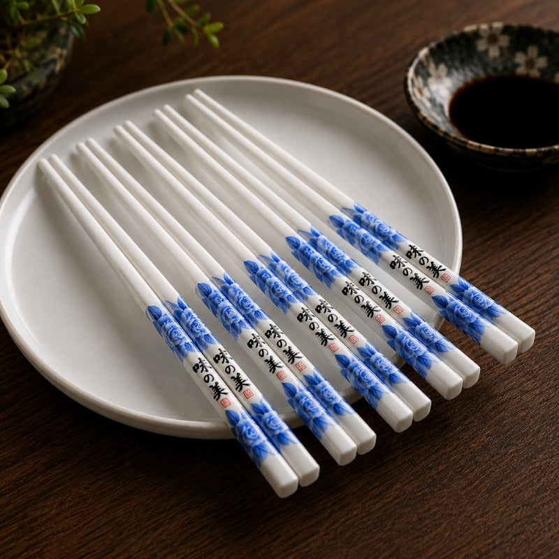 Five pairs of blue and white ceramic chopsticks with peony and calligraphy pattern arranged in a fan on a round white plate, with soy sauce bowl on dark wood table