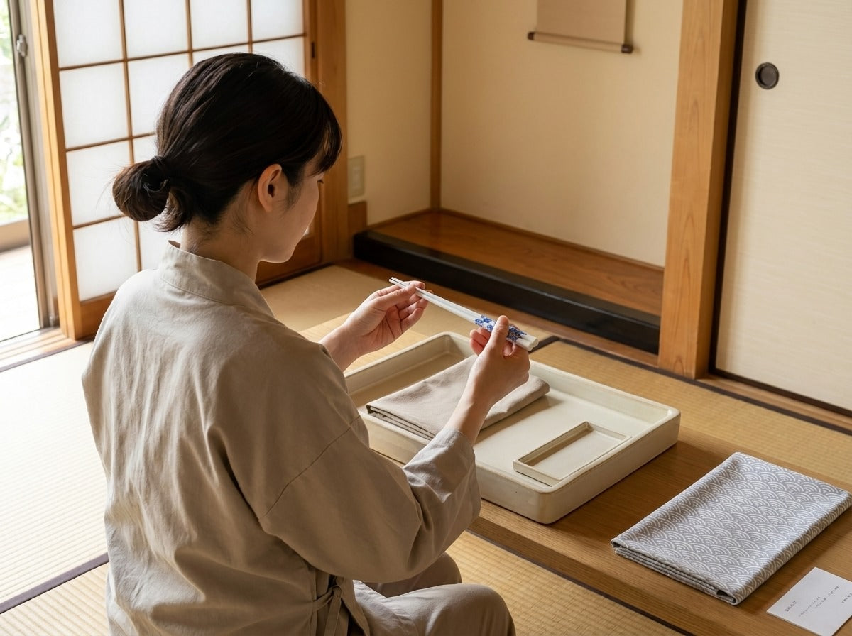 Woman in linen apron closely inspecting a pair of traditional ceramic chopsticks with blue floral pattern in a Japanese tatami room near shoji screen