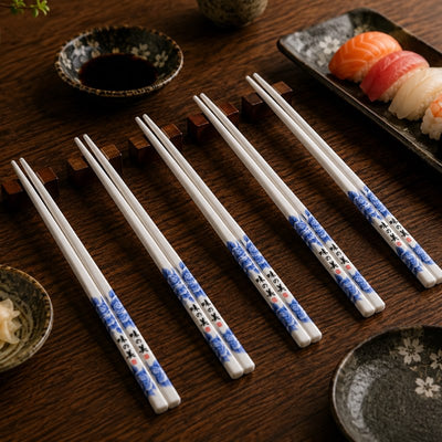 Five pairs of white ceramic chopsticks with blue floral and calligraphy motif displayed on wooden holders alongside sushi nigiri and condiment bowls
