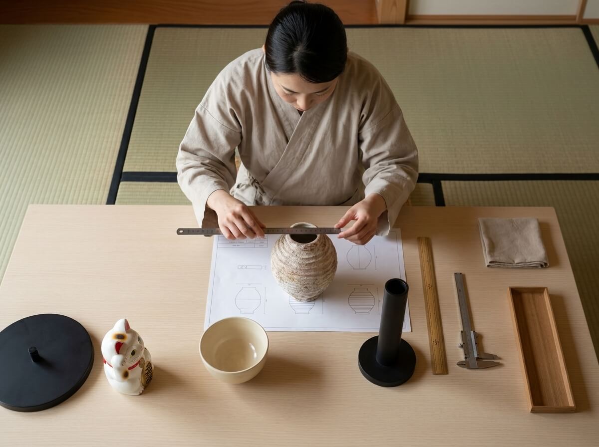 Overhead view of a ceramic ikebana vase traditional in shape, beige ridged stoneware measured against a blueprint with bamboo tools and maneki-neko figurine