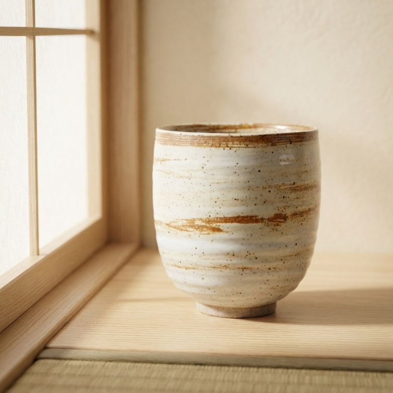 Ceramic japanese tea cups with natural brown stripe pattern on windowsill in soft morning light