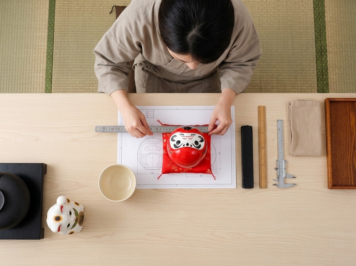 Overhead view of a woman in kimono measuring a ceramic red daruma doll on a red silk cushion against technical blueprints on a tatami worktable with maneki-neko figurine
