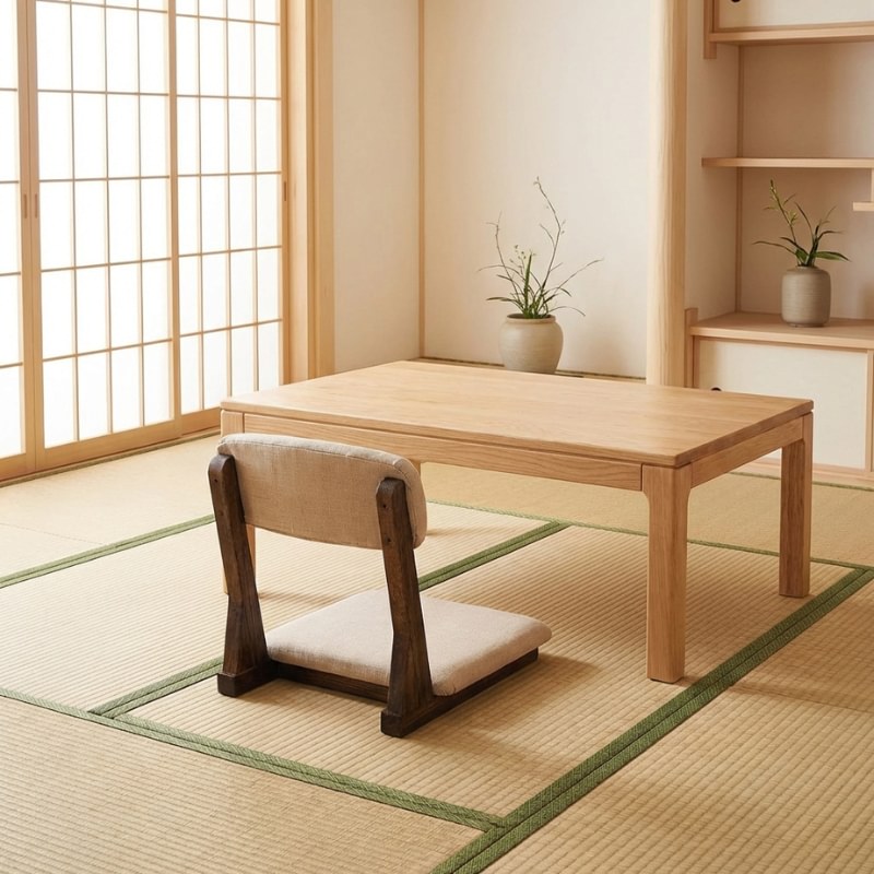 Chair tatami with beige cushions and dark wood frame on tatami floor beside low wooden table and shoji screen